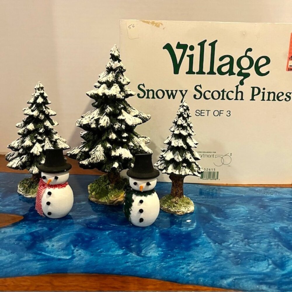Dept 56 Village "Snowy Scotch Pines" and Extra Snowmen